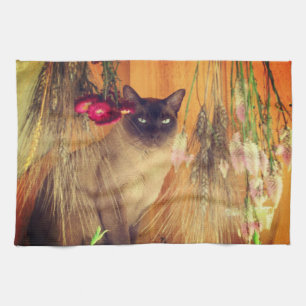 Siamese Cat Posing With Flowers Tea Towel