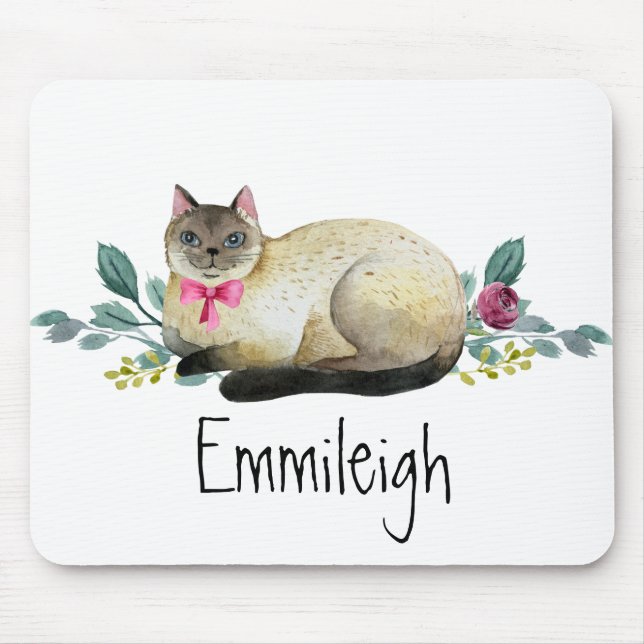 Siamese Cat Purple Floral Green Leaves White Mouse Mat (Front)