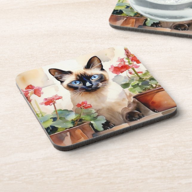 Siamese Cat Red Geranium Flowers Watercolor Pretty Coaster (Left Side)