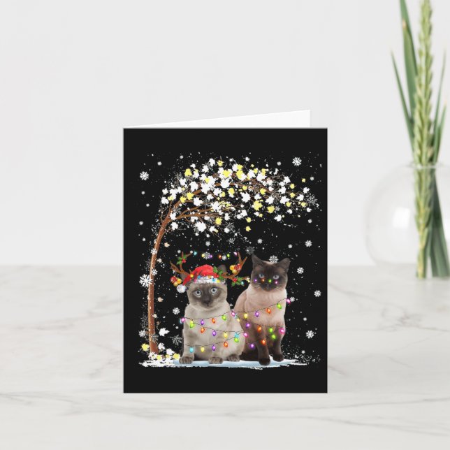 Siamese Cat Reindeer Hat Santa Christmas Tree Funn Card (Front)