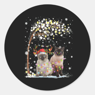 Siamese Cat Reindeer Hat Santa Christmas Tree Funn Classic Round Sticker