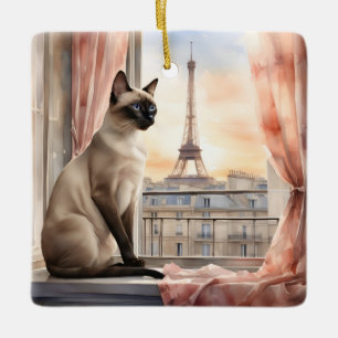 Siamese Cat Relaxing on Parisian Window Sill Ceramic Ornament