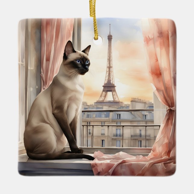 Siamese Cat Relaxing on Parisian Window Sill Ceramic Ornament (Front)