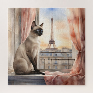 Siamese Cat Relaxing on Parisian Window Sill Jigsaw Puzzle