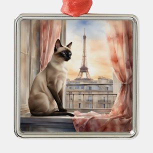Siamese Cat Relaxing on Parisian Window Sill Metal Tree Decoration
