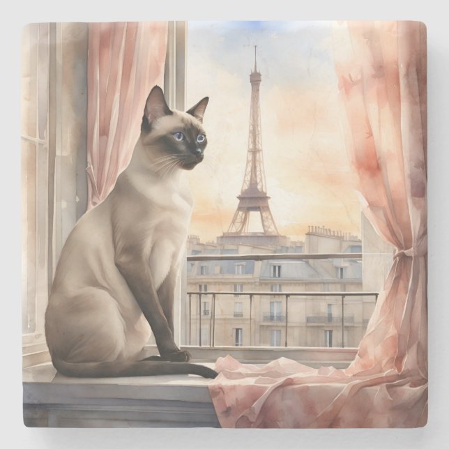 Siamese Cat Relaxing on Parisian Window Sill Stone Coaster (Front)
