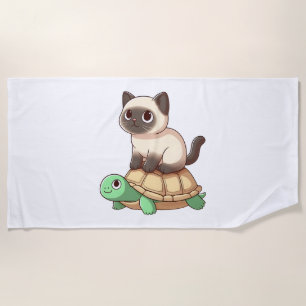 Siamese cat rides turtle  beach towel