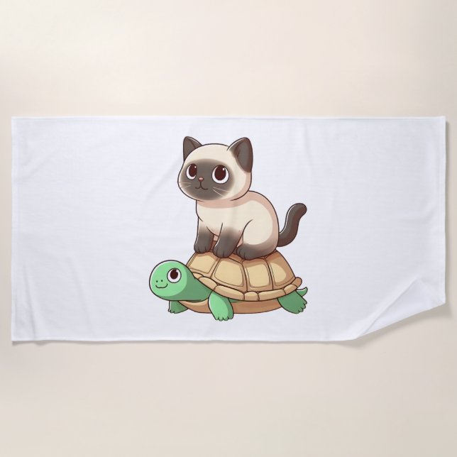 Siamese cat rides turtle  beach towel (Front)
