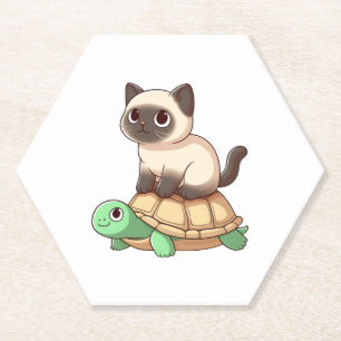 Siamese cat rides turtle Copy Paper Coaster
