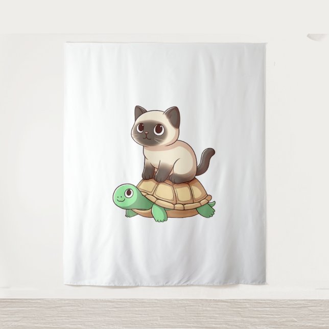 Siamese cat rides turtle  tapestry (Front)