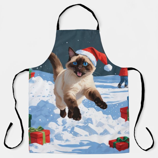 Siamese Cat Running in Snow with Christmas Hat Apron (Front)