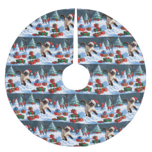 Siamese Cat Running in Snow with Christmas Hat Brushed Polyester Tree Skirt