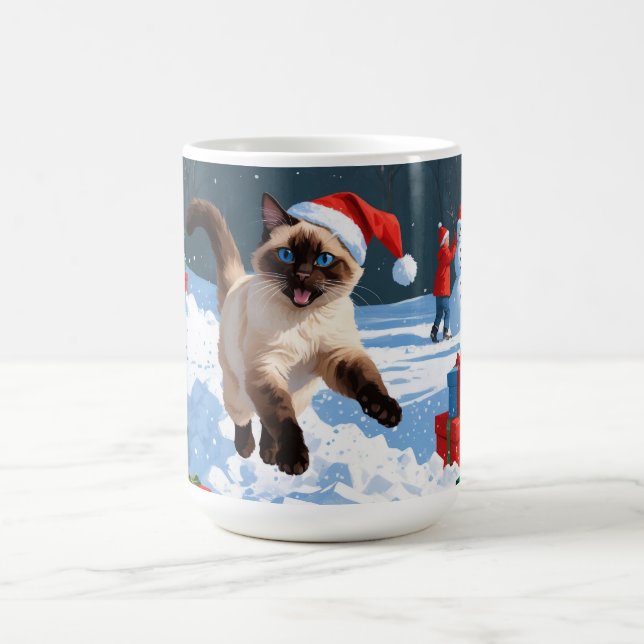 Siamese Cat Running in Snow with Christmas Hat Coffee Mug (Center)