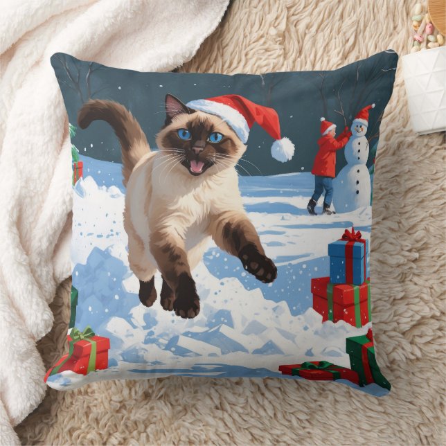 Siamese Cat Running in Snow with Christmas Hat Cushion (Blanket)