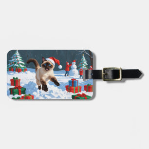 Siamese Cat Running in Snow with Christmas Hat Luggage Tag