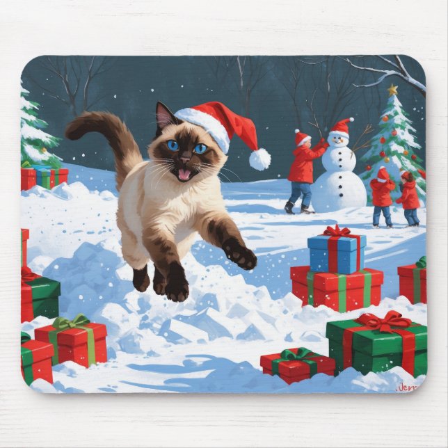 Siamese Cat Running in Snow with Christmas Hat Mouse Mat (Front)