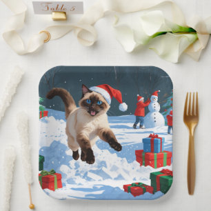 Siamese Cat Running in Snow with Christmas Hat Paper Plate