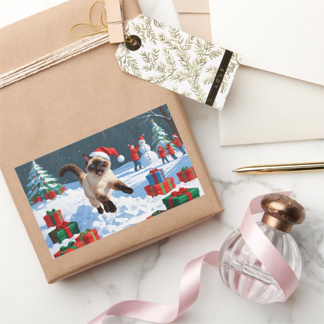 Siamese Cat Running in Snow with Christmas Hat Rectangular Sticker (Gifting)