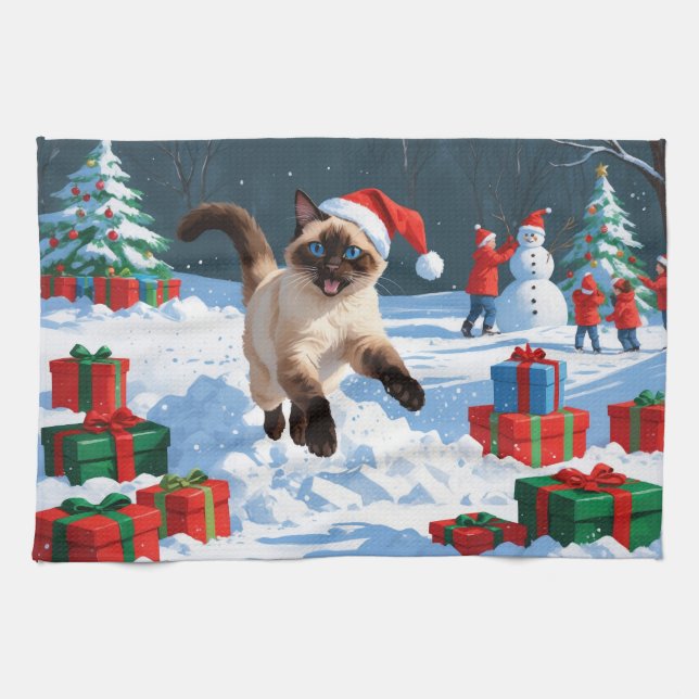 Siamese Cat Running in Snow with Christmas Hat Tea Towel (Horizontal)