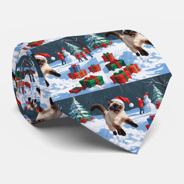 Siamese Cat Running in Snow with Christmas Hat Tie (Rolled)