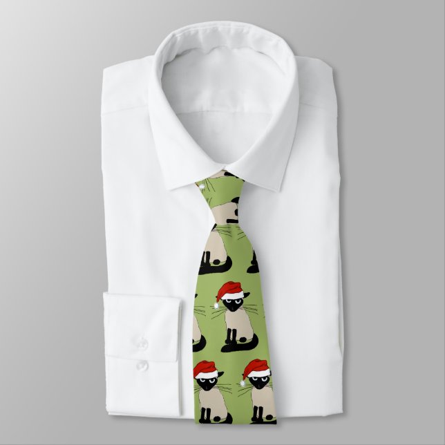 Siamese Cat Santa Funny Christmas Holiday Tie (Tied)