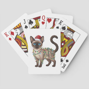 Siamese Cat Santa Hat Christmas Lights Funny Playing Cards