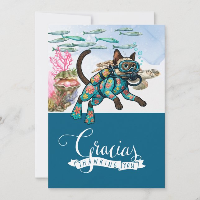 Siamese Cat Scuba Diver  Thank You Card (Front)