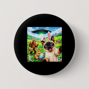 Siamese Cat Selfie with Easter Bunny Bigfoot UFO 6 Cm Round Badge