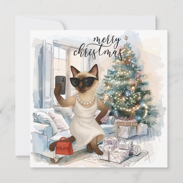 Siamese Cat Sending Message Merry Christmas Holiday Card (Front)