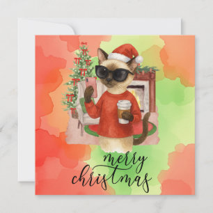 Siamese Cat Sending Message Merry Christmas Holiday Card