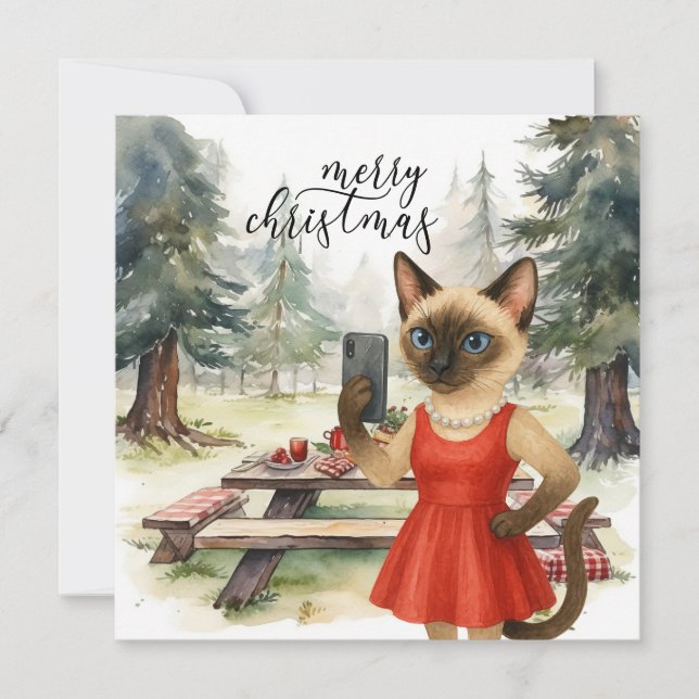 Siamese Cat Sending Message Merry Christmas Holiday Card (Front)
