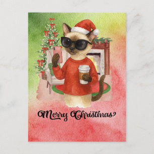 Siamese Cat Sending Message Merry Christmas Holiday Postcard