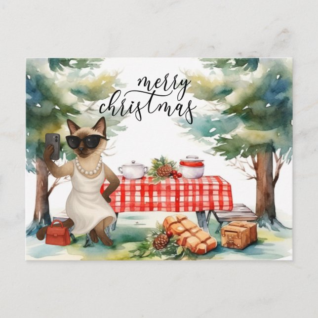 Siamese Cat Sending Message Merry Christmas Holiday Postcard (Front)