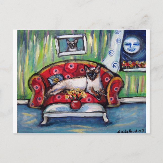 Siamese cat senses smiling moon cat painting postcard (Front)