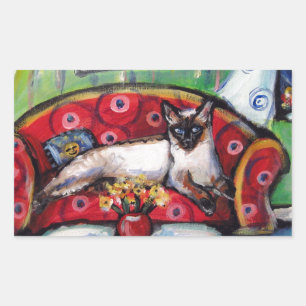 Siamese cat senses smiling moon cat painting rectangular sticker