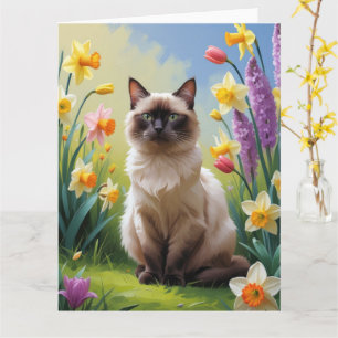 Siamese Cat Spring Flowers Painting Card