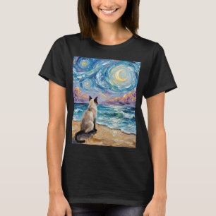 Siamese Cat Starry Night Feline at The Beach Artwo T-Shirt
