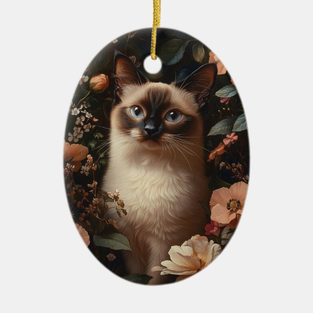 Siamese Cat Surrounded By Blush Pink Flowers Ceramic Tree Decoration (Front)