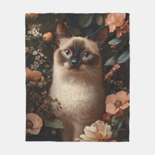 Siamese Cat Surrounded By Blush Pink Flowers Fleece Blanket