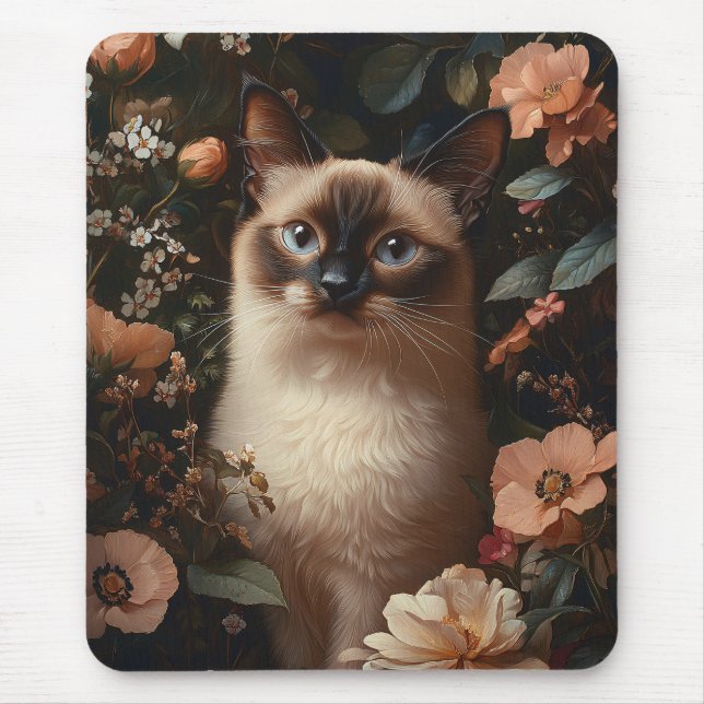Siamese Cat Surrounded By Blush Pink Flowers Mouse Mat (Front)