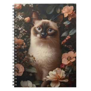 Siamese Cat Surrounded By Blush Pink Flowers Notebook