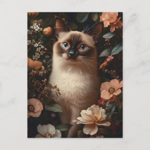 Siamese Cat Surrounded By Blush Pink Flowers Postcard