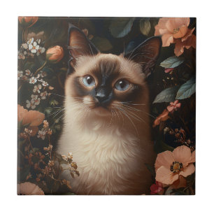 Siamese Cat Surrounded By Blush Pink Flowers Tile