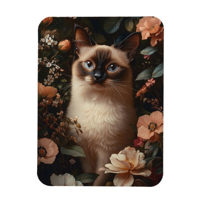 Siamese Cat Surrounded By Pink Flowers Flexible Magnet (Vertical)