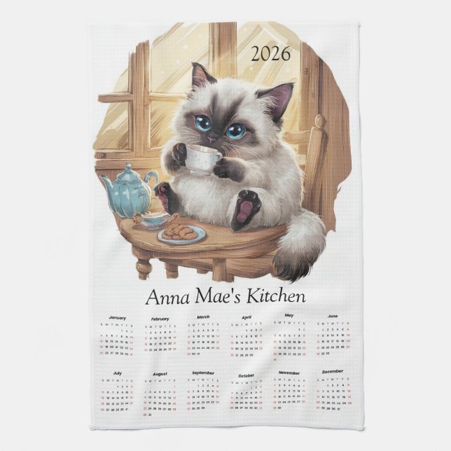Siamese Cat & Tea Time Kitchen Towel Calendar  (Vertical)