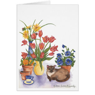 Siamese Cat Tulips Pansies Watercolor "Chester"