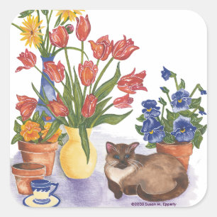 Siamese Cat Tulips Pansies Watercolor "Chester" Square Sticker