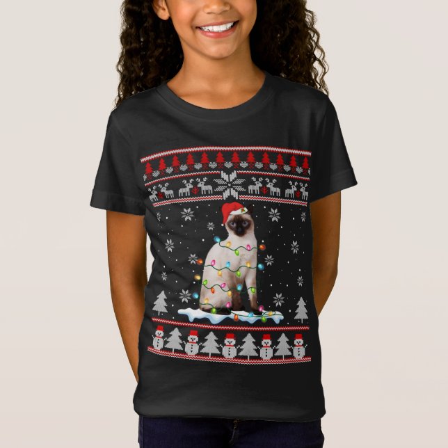 Siamese Cat Ugly Christmas Lights Funny Cat Lover  T-Shirt (Front)