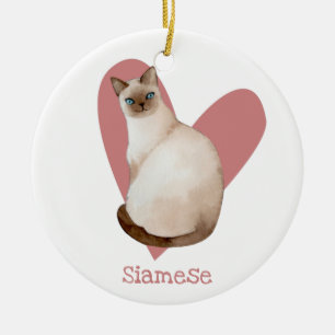 Siamese Cat Watercolor Kitty Pink Heart Ceramic Tree Decoration