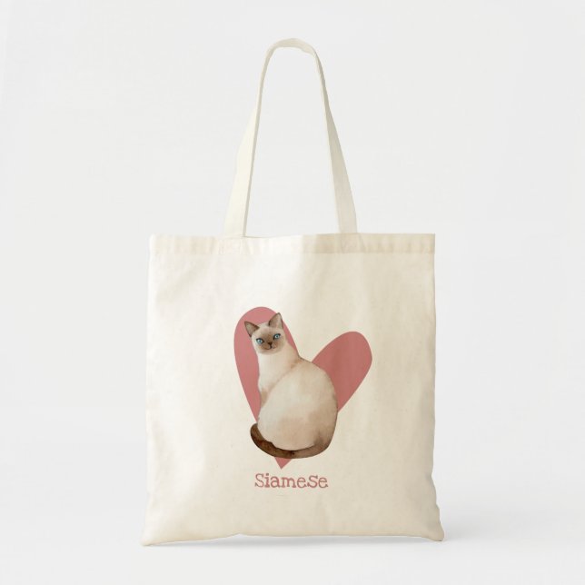 Siamese Cat Watercolor Kitty Pink Heart Tote Bag (Front)